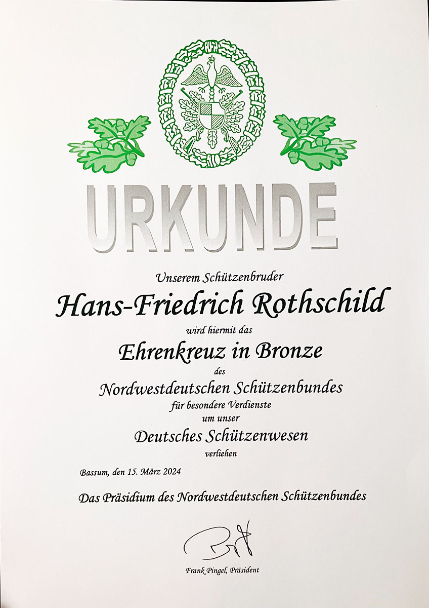 Urkunde für Hans-Friedrich Rothschild